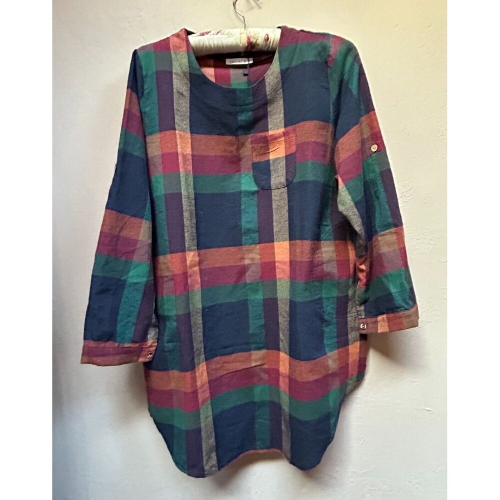 Cellabie Womens Plaid Check Loose Tunic Top/Dress Large Long Navy Sleeve New